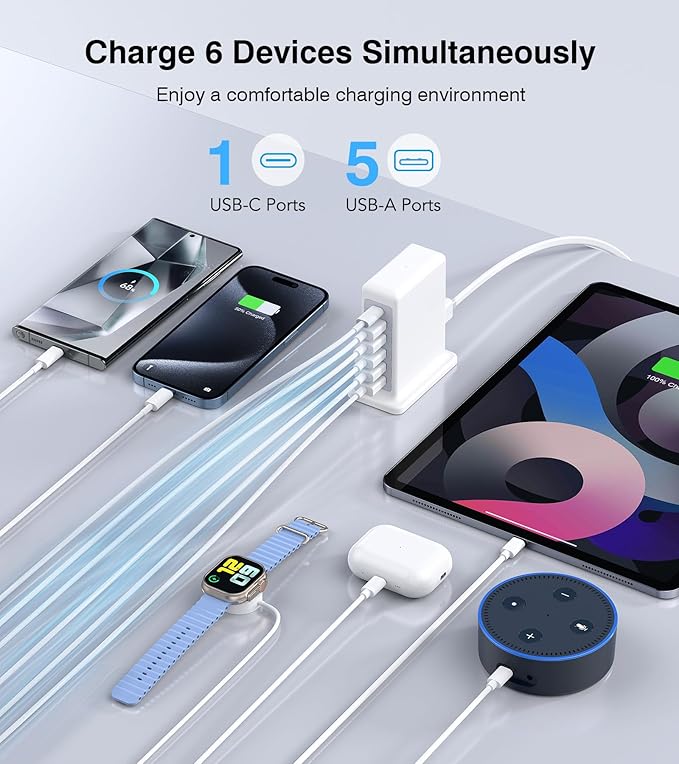 Charging Station for Multiple Devices, 45W 6 Port USB Charger Charging Block with 1 USB-C 5 USB-A Port, Power Strip Plug Charging Multi Travel Chargers for iPhone iPad, Tablets, Smartphones