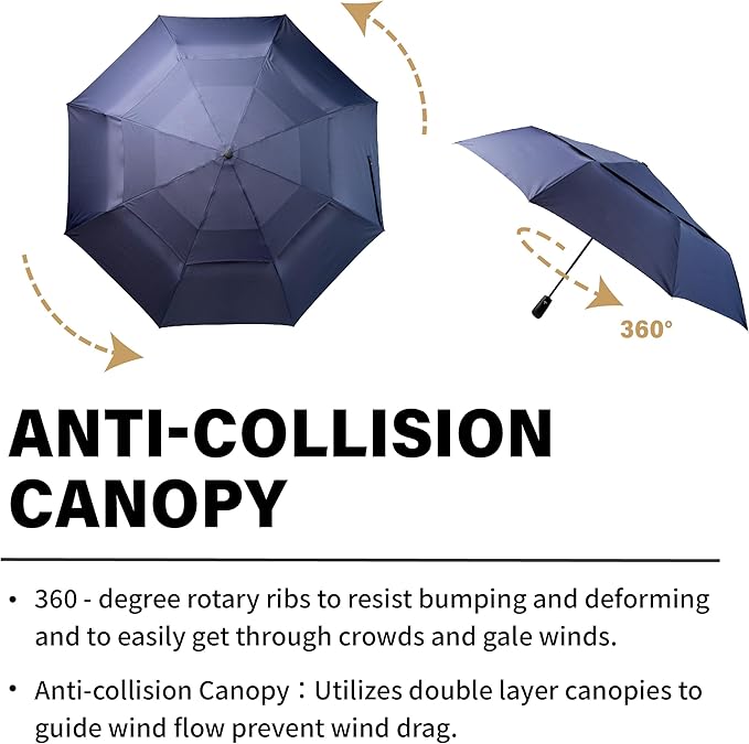 Large Umbrella Windproof 54 Inch Folds Into Portable Travel Size - Big Enough To Comfortably Fit In 2 Adults - Auto Open Close and Patented Vortex System For Superior Safety And Durability (Brown)