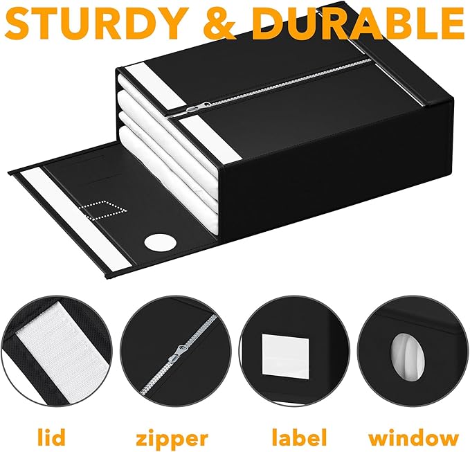 SpaceAid 3 Pack Bed Sheet Organizers and Storage, Foldable Organizer for Linen Closet, Set Folder Keeper With Window XL (Queen & King Size) Bedding Container (Black)