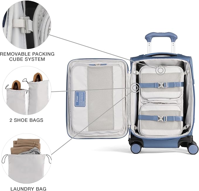 Travelpro VersaPack+ Lightweight Softside Expandable Carry on Luggage, 8 Spinner Suitcase, TSA Lock, Men and Women, Carry On 21-Inch, Elemental Blue