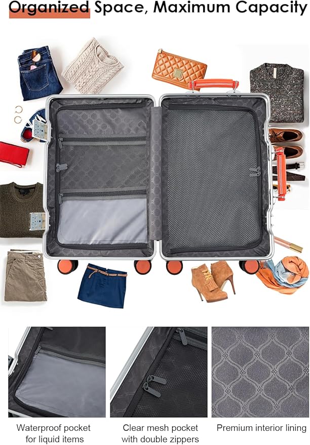 HotWay 26 Inch Hardside Checked Luggage with Leather Handle, PC Zipperless Suitcase with Spinner Wheels and TSA Locks, Lightweight Checked Luggage for Travel, Grey