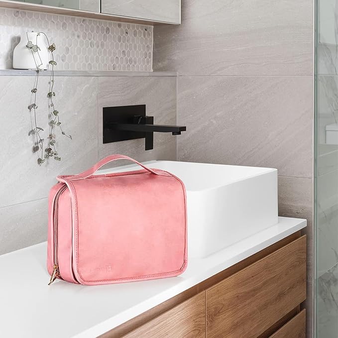 Elviros Hanging Travel Toiletry Bag for Women, 3-in-1 Large Makeup Bag and Cosmetic Organizer, Vegan Leather Waterproof Skincare Case for Travel Size Toiletries and Accessories
