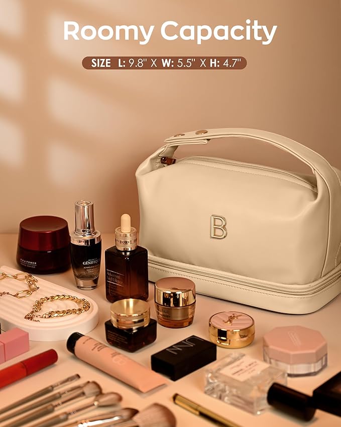 Birthday Gifts for Girls, Makeup Bags, Personalized Double Layer Cosmetic Bag with Makeup Brush Organizer, Gift for Her，PU Leather Travel Toiletry Bag, Travel Stuff for Girls