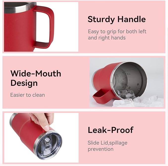 HASLE OUTFITTERS 20oz Tumbler Bulk with Lid, Stainless Steel Tumbler Bulk with Handle, Metal Insulated Travel Coffee Mug Set with Handle, Double Wall Vacuum Leak Proof Tumbler Cup, Red 6 Pack