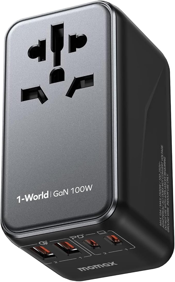 MOMAX Universal Travel Adapter, 100W Fast GaN International Power Adapter, 2PD USB-C+2QC USB-A Travel Adapter, US, UK, EU, AU Travel Adapter Worldwide for Laptops, Tablets, Phones, Vision Pro