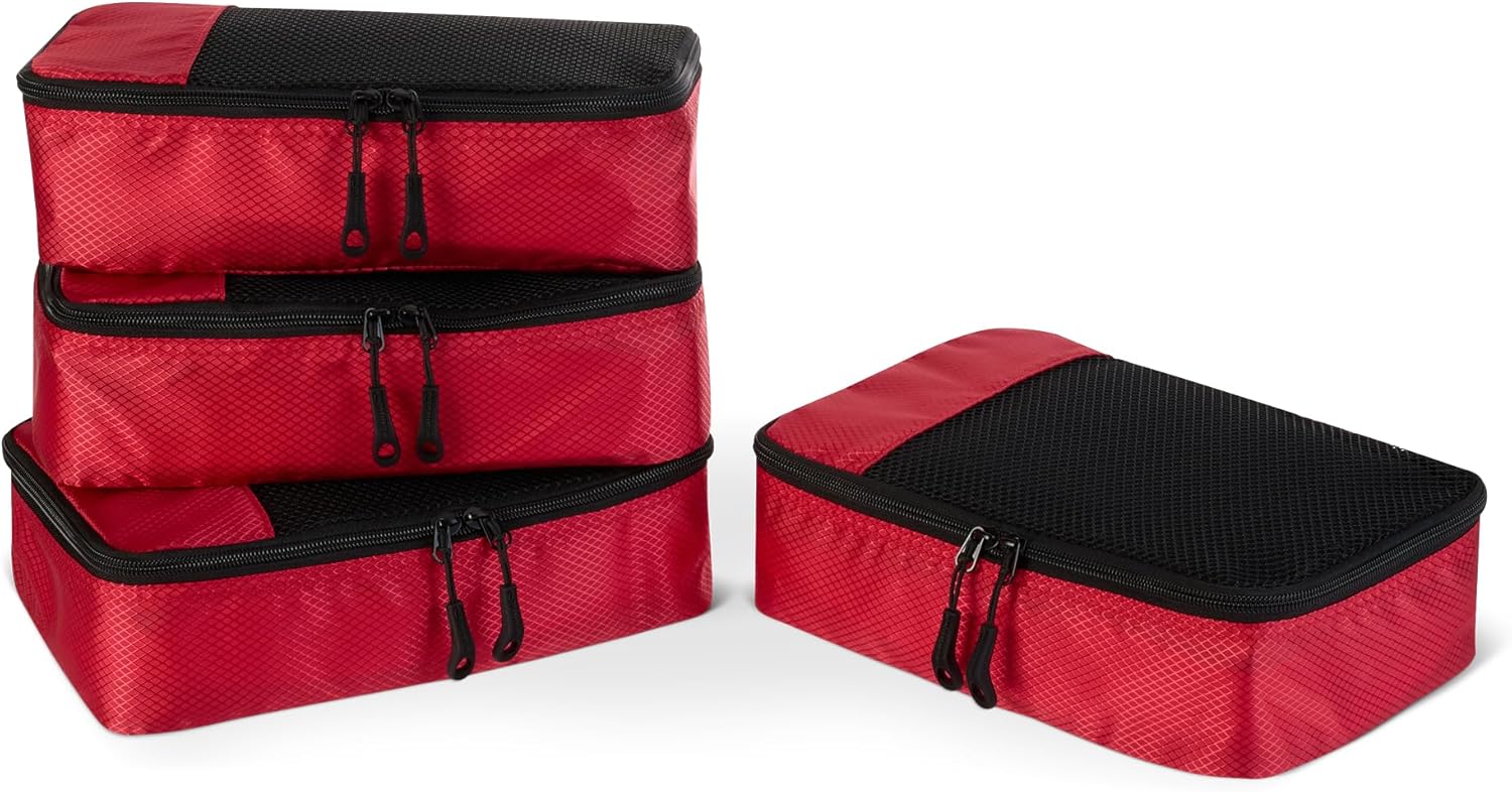 Amazon Essentials 4-Piece Space-Saving Packing Cubes Travel Accessories Set, Luggage Organizer with Double Zipper, Mesh Top, Small, Red (Previously Amazon Basics)