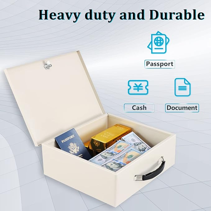 Dalmbox Portable Fire Safe Box with Key Lock, Fire Resistant Metal Lock Box for Documents, Security Strong Storage Box Safety Deposit Box for Home, Outside, Car, XL Large,13.2”x 11”x 5.1'', Beige