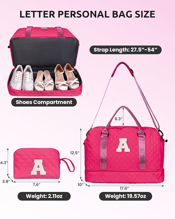 Personalized Women Gifts, Gifts for Women-Initial Travel Bag with Shoe Compartment, Personalized Weekender Bag, Monogram Overnight Bag for Women, Letter Travel Bag with Makeup Bag (Letter K)