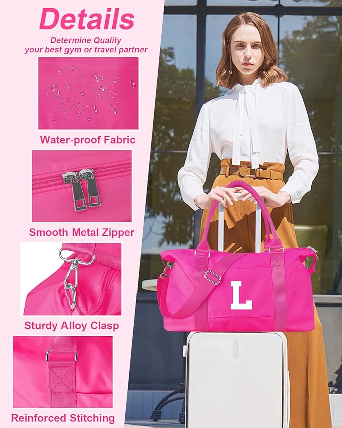 Overnight Bag for Kids Teen Girls Weekender Dance Bag Birthday Graduation Gifts,Initial Travel Duffel Bag Sports Gym Bag Personalized Weekender Bag Carry On Bags Preppy Gifts for Women(Hot Pink, L)