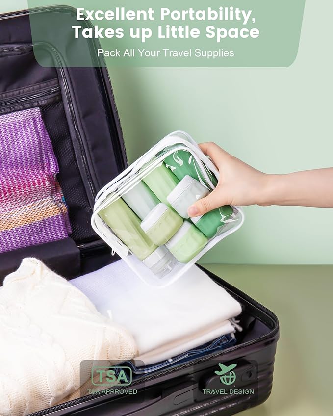 Travel Bottles for Toiletries, Travel Size Toiletries 10 Pack, Tsa Approved Travel Size Containers 3oz, with Travel Essentials Clear Bag, Leak Proof Silicone Squeezable Creams Jars