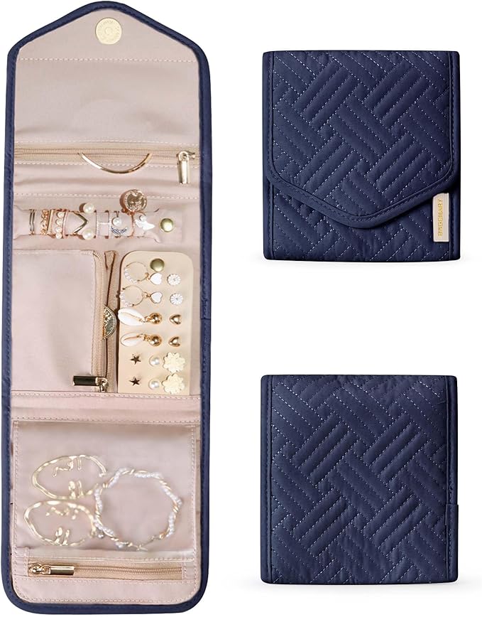BAGSMART Travel Jewelry Organizer Case Foldable Jewelry Roll for Journey Rings, Necklaces, Earrings, Bracelets,Mini,Smokey Blue