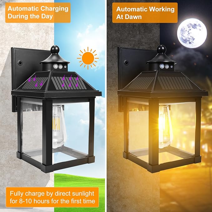Solar Wall Lights Outdoor, Dusk to Dawn Motion Sensor Lights Waterproof, Solar Porch Lights with 3 Modes & Motion Sensor, Lantern Light Fixture for Patio Garage Entryway Garden