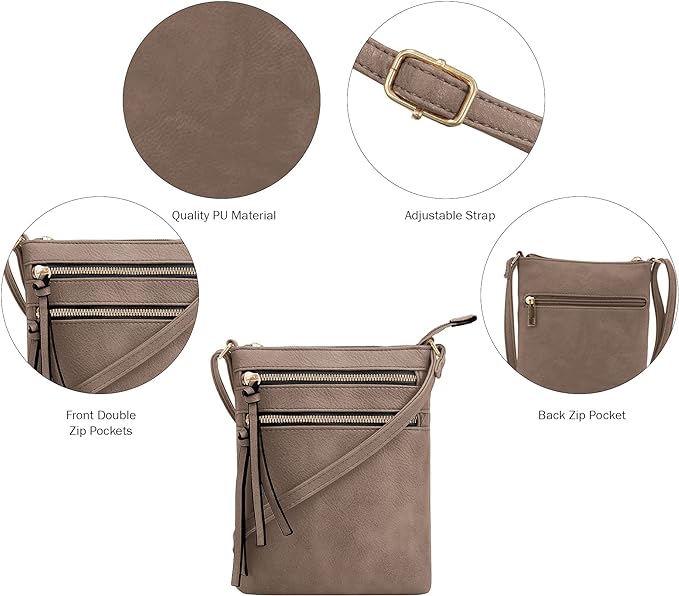 DELUXITY | Crossbody Purse Bag | Functional Multi Pocket Double Zipper Purse | Adjustable Strap | Medium Size Purse |Dark Taupe