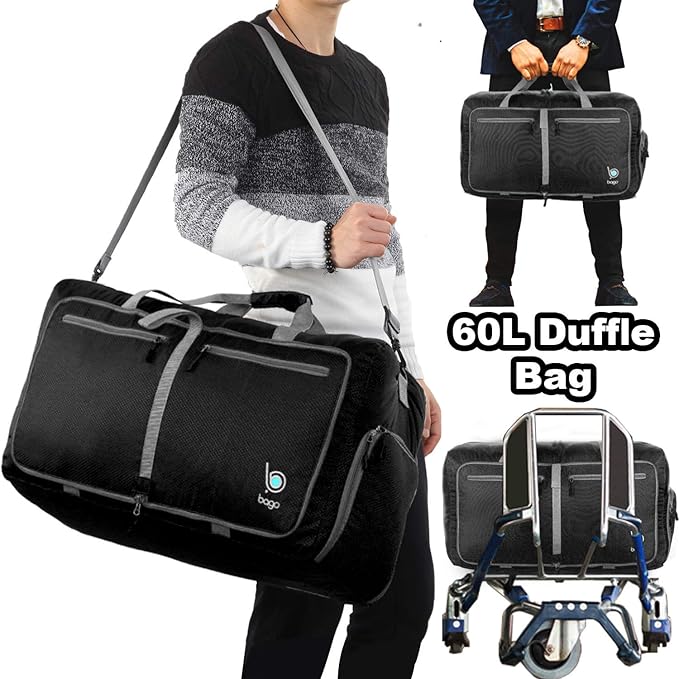 Bago Foldable Duffel Bags for Traveling Women & Men - 60L Medium Packable Duffle Bag for Travel with Shoe Compartment - Water Repellant, Heavy Duty, Lightweight Folding & Collapsible (Black)
