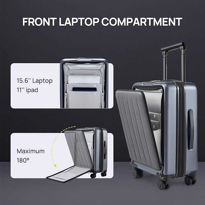 NINETYGO Carry on Luggage 22X14X9 Airline Approved with Front Pocket, 20 Inch Luggage with Front Compartment, Expandable, Double Spinner Wheels, Hardsided PC, TSA Lock (Cool Grey, Seine Max)