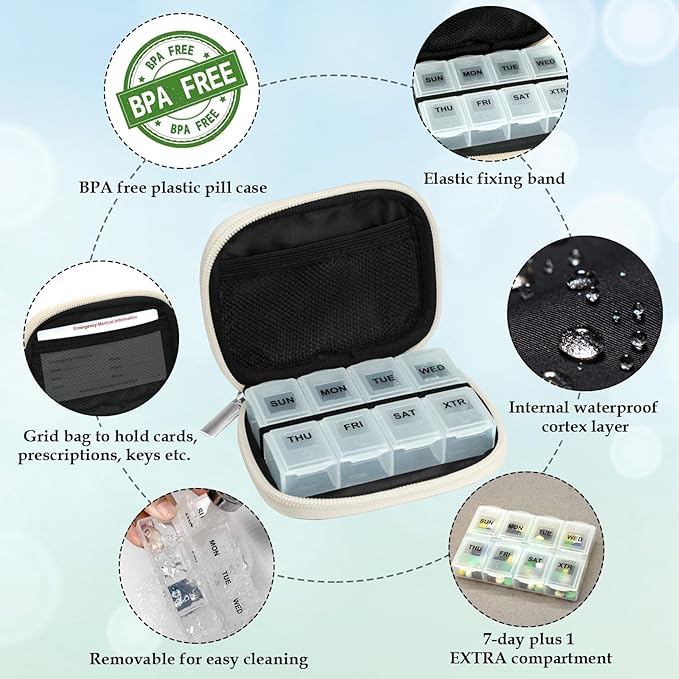 Serfeymi Weekly Travel Pill Organizer Pill Case for Purse with Removable 7 Day Pill Box, Fashionable Travel Medicine Organizer Pill Container for Medicine, Vitamin, Supplement - Black 02 + Bloom 01