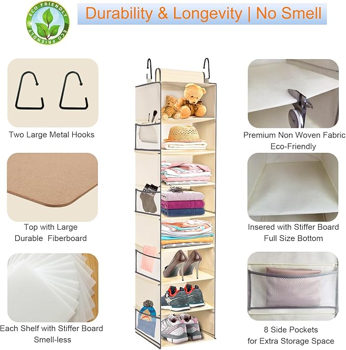 2 Pack Large-Sized Hanging Shoe Organizer 8-Shelf, Hanging Closet Organizer with 8 Side Pockets, Wider Hanging Shelves for Storage Shoes Clothes 9" W × 11.8" D× 48" H, Beige.