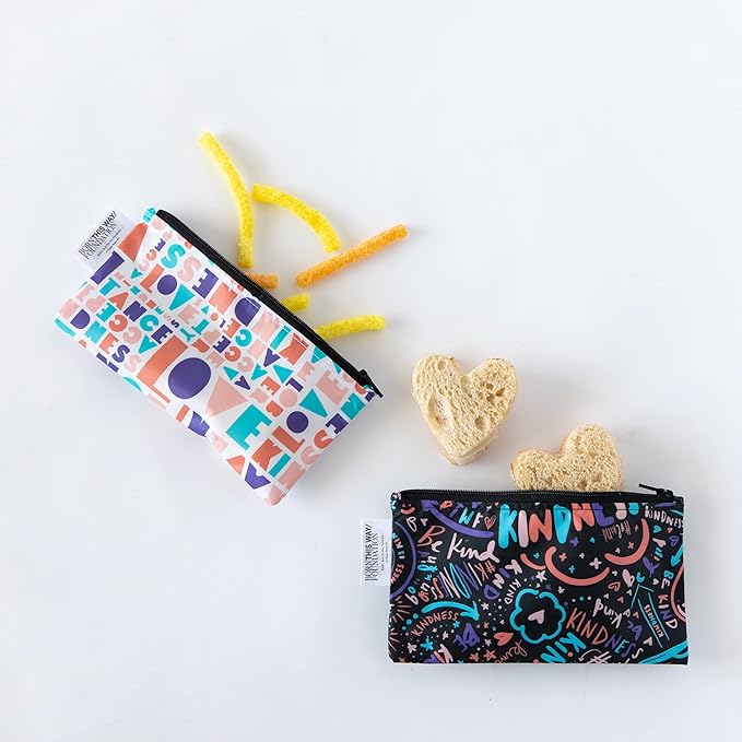 Bumkins Reusable Snack Bags, for Kids School Lunch and for Adults Portion, Washable Fabric, Waterproof Cloth Zip Bag, Supplies Travel Pouch, Food-Safe Storage, 2-pk Born This Way Kindness