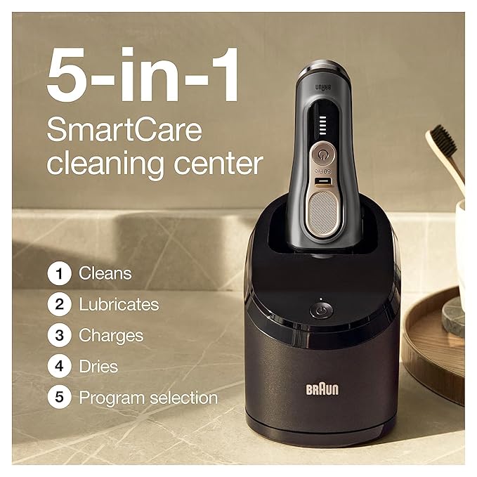 Braun Electric Razor for Men, Series 9 Pro 9465cc Wet & Dry Electric Foil Shaver with ProLift Beard Trimmer, Cleaning & Charging SmartCare Center, Head Shavers for Bald Men, Noble Metal