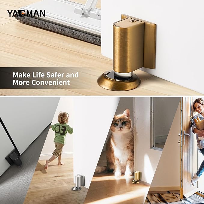1 Pack Magnetic Door Stoppers Retractable Bottom of Door Holder No Drilling Mount Floor Door Stop with Screws and Adhesive Catch Door Keep Door Open Antique Brass AB-1