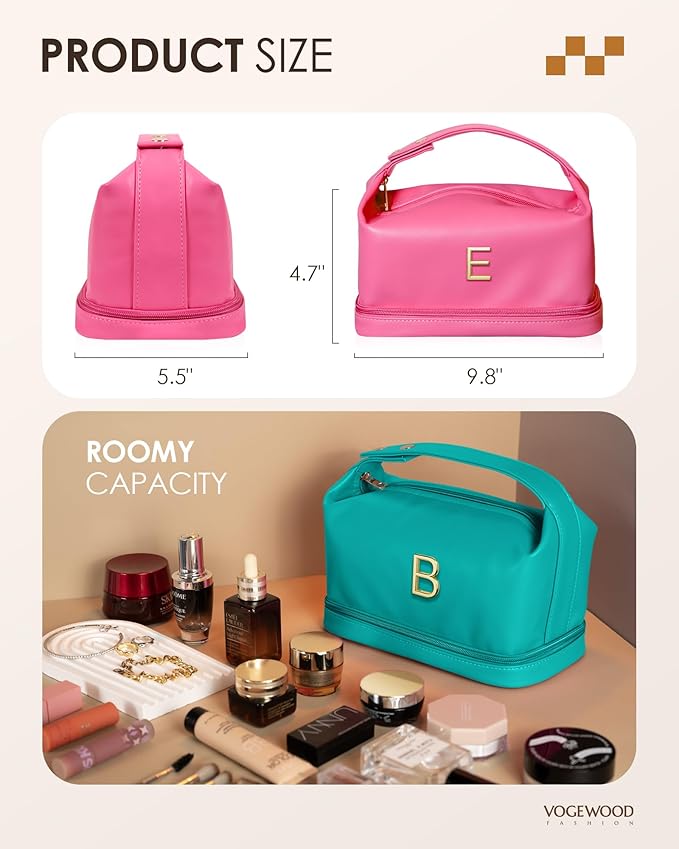 Graduation Present for Women Unique, Makeup Bag with Handle, Initial Double Layer Cosmetic Bag with Makeup Brush Organizer, Cute Cosmetic Pouch for Women, Gifts for Friend Female Mom