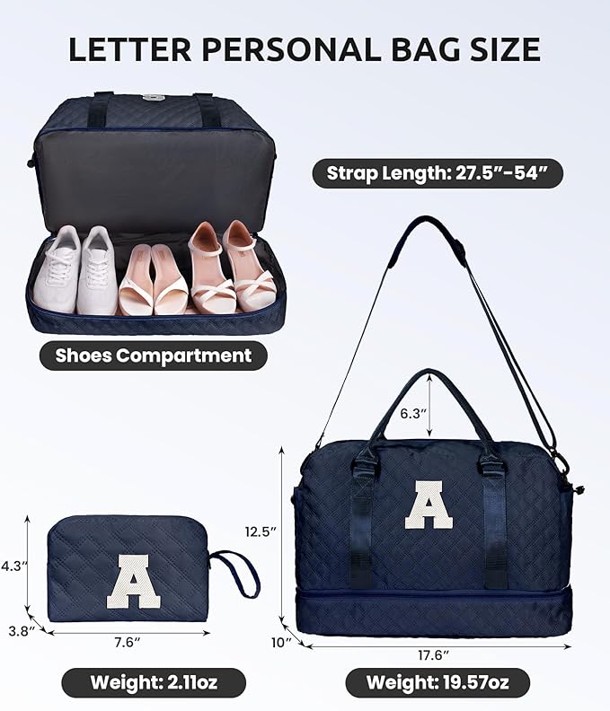 Gifts for Mom-Initial Duffle Bag with Shoe Compartment, Personalized Weekender Bag, Monogram Overnight Bag, Letter Travel Bag with Makeup Bag，Personalized Gifts Idea for Women Her (Letter F)