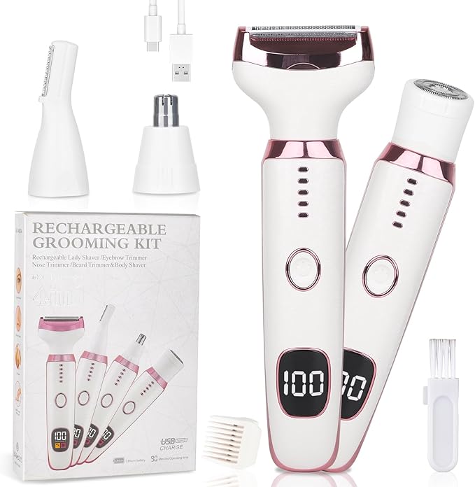 Electric Razors LED Display for Women Men, 2025 Wet/Dry Lady Shaver,4 in 1 Cordless Hair Remover with IPX7 Waterproof,Smooth & Silky Portable Bikini Electric Grooming Set (Pink & White)