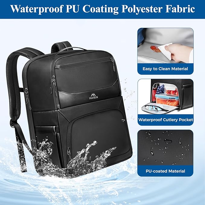 MATEIN Work Backpack with Lunch Compartment, Waterproof PU-coated Meal Prep Backpack for Men with Cutlery Pocket, Large 17 Inch Laptop Back Pack with USB Port, Insulated Cooler Bag for Office Picnic
