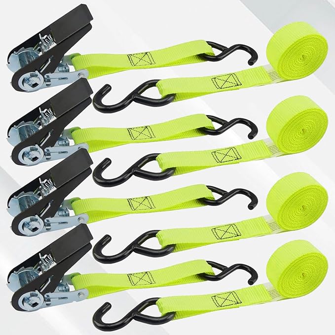 XSTRAP STANDARD Ratchet Tie Down Straps 4 Pk 10 Ft- 300 Lbs Load Cap- 900 Lbs Break Strength-Cargo Straps for UTV, ATV, Pickup,Truck, Moving Appliances, Lawn Equipment, Yellow