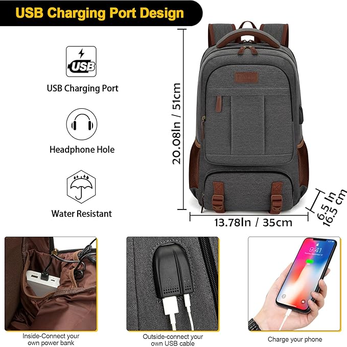 Tzowla Canvas Laptop Backpack, Bag for Men Women,Travel Work Rucksack Fits 17.3 Inch Laptop, Bookbag with USB Charging Port