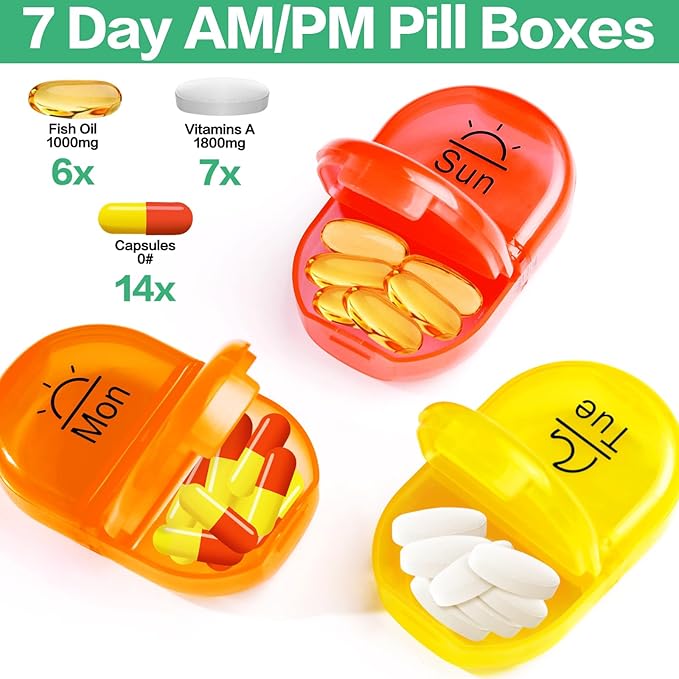 Serfeymi Weekly Travel Pill Organizer 2 Times A Day AM PM Rainbow Pill Box 7 Day with Zipper Canvas Pill Case, Medicine Organizer for Pills, Vitamins, Fish Oils - Black 02 + Bloom 01