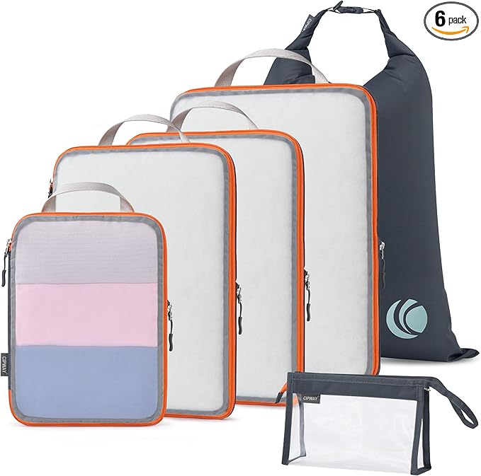 Cipway Compression Packing Cubes, See Through Mesh Luggage Organizer Bags, Travel Essentials for Carry on Suitcase with Laundry Bag and Clear Toiletries Bag（6Pcs,Grey）