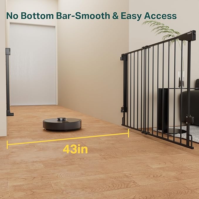 Cumbor 29.2–43" Baby Gate for Stairs, Wall-Mounted (Drill Required), Expandable No Bottom Bar Dog Gate, Auto Close Extra Wide Walk Thru, Pet & Toddler Proof Gate, Top & Bottom of Stairways(Black)