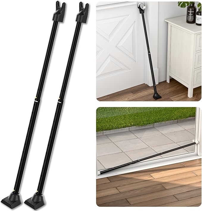 SECURITYMAN 2-in-1 Door Security Bar & Sliding Patio Door Security Bar (2 Pack) via Interchangeable Caps - Heavy Duty Iron Construction Door Stoppers Lock for Home, Apartment, Travel Hotel - Black