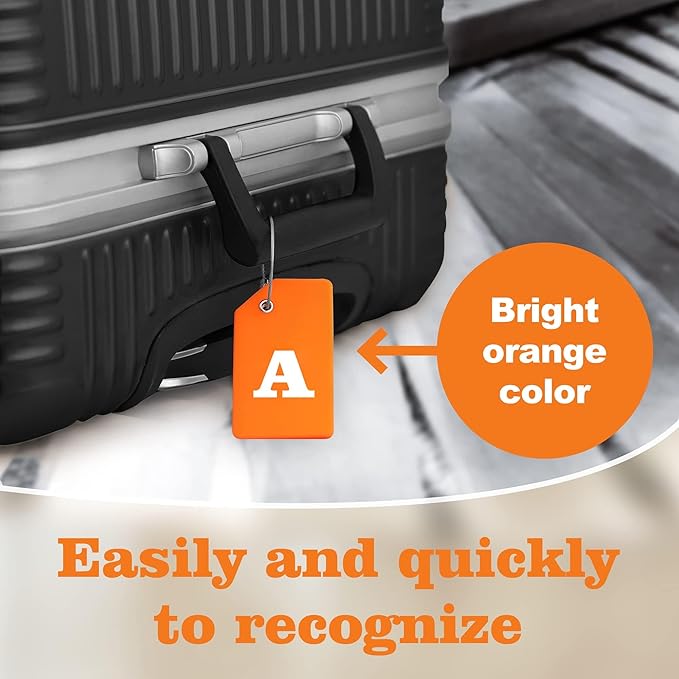 8 Pcs Luggage Tags for Suitcases, 26 Initial Letter Travel Luggage Baggage Identification Labels ID Tags Fully Bendable Tags with Stainless Steel Loop (Letter A, Orange)