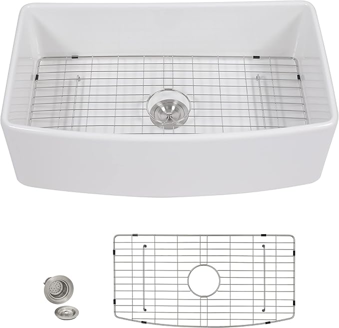 33 White Farm Sink - Fulorni 33"x20" Curved Apron Front Farmhouse Kitchen Sink Ceramic Porcelain Fireclay Single Bowl Farmer Style Basin