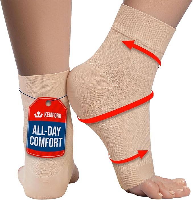 KEMFORD Ankle Compression Sleeve - Plantar Fasciitis Braces - Open Toe Compression Socks for Swelling, Sprain, Neuropathy, Foot Arch Support for Men and Women - 15-20mmhg, L, Beige