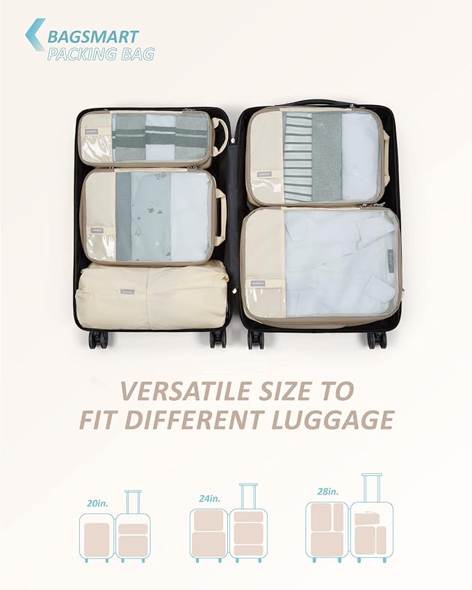 BAGSMART 6 Set Compression Packing Cubes - Lightweight Travel Essentials, Durable Luggage Organizer