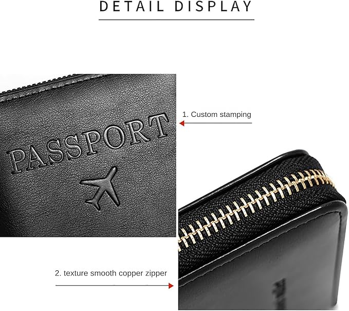Rowgins Rfid Blocking Passport Holder Wallet, Rowgins Rfid Passport Holder with Zipper, PU Leather PassportHolder for Travel (BLACK)