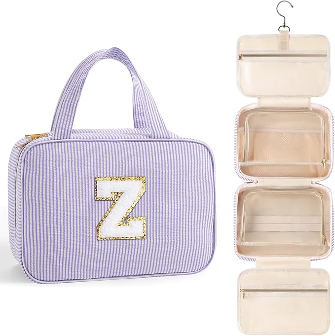TOPEAST Hanging Toiletry Bag for Women - Travel Toiletry Bag Makeup Bag, Portable Toiletries Cosmetic Bag, Airplane Travel Essentials - Letter Z, Purple