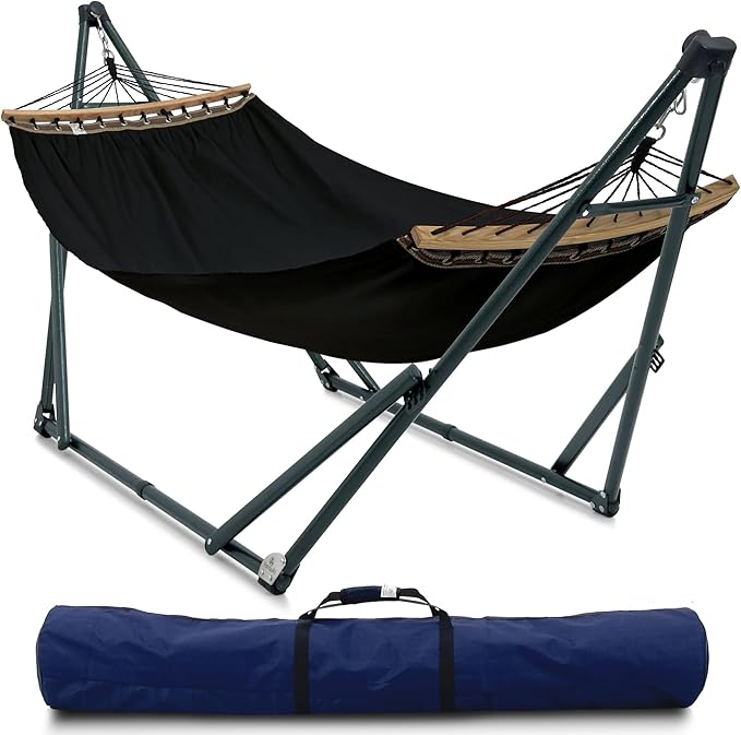 Tranquillo Universal Hammock with Stands Electro Static Coated Steel, Adjustable Foldable Hammock Stand with 2 Layered Polyester Net and Carry Bag for 2 Persons (Canvas - Black)