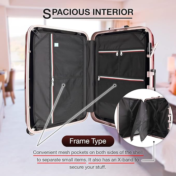 LEGEND WALKER Aluminum Frame Hardside Luggage, Checked-medium Suitcase with TSA Lock + Double-wheeled Spinners, Stand with hook, 28 inch, Black, 5122-62-BK