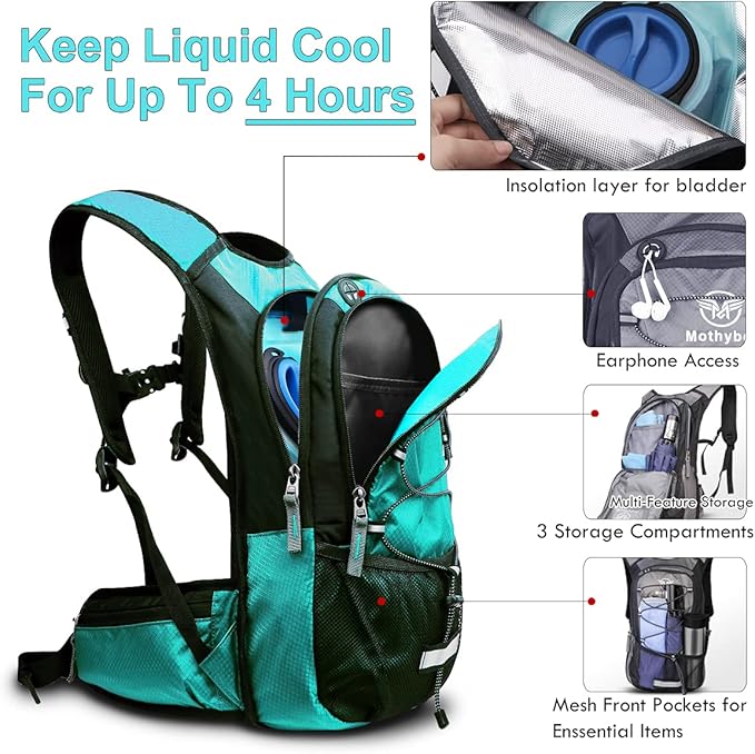 Insulated Hydration Backpack Pack with 3L BPA Free Leak Proof Water Bladder, Large Storage Lightweight Hiking Daypack with Waist Pouches & Cooler Layer, for Running, Biking, Camping, Festival