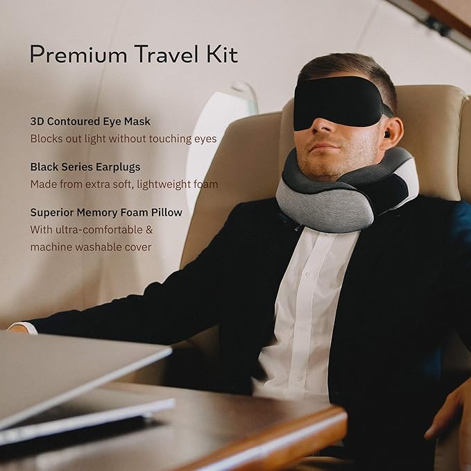 Travel Neck Pillows for Airplanes, Sleeping Essentials for Long haul Flights, 360° Head Support, Car and Airplane Kit with 3D Contoured Eye Mask, Earplugs and Luxury Mesh Bag (Adult, Grey)
