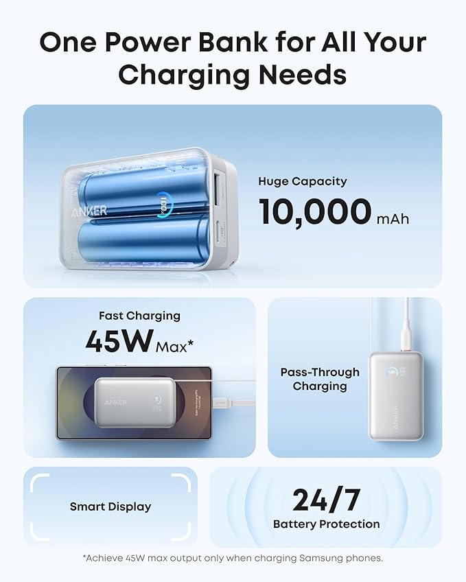 Anker Nano Power Bank, 10,000mAh Portable Charger with 2.3 ft InstaCord Retractable Cable, 45W Max Compact Battery Pack, Smart Display, for iPhone 16/17 Series, iPad, Galaxy, Pixel, and More