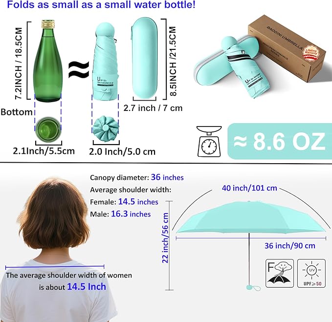 BAODINI Travel Mini Umbrella for Purse With Case Small Compact UV Sun Protection Sun Lightweight Tiny Pocket Umbrella for Women Kids and Men