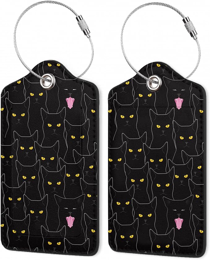 2Pcs Luggage Tag for Suitcase Black Cat Cute Suitcase Tag with Privacy Flap & Name ID Label & Metal Loop,Travel Bag Luggage Tags for Women