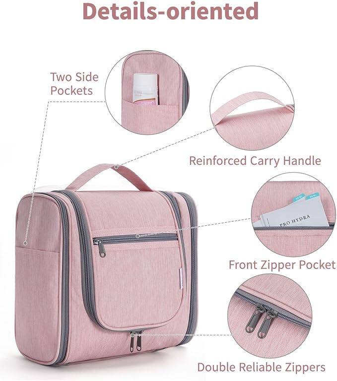 Narwey Hanging Toiletry Bag for Women Travel Makeup Bag Organizer Toiletries Bag for Cosmetics Essentials Accessories(Large, Pink)