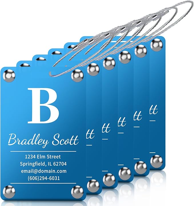 6 Pack Personalized Luggage Tags for Suitcases, Handmade Engraved Stainless Steel Custom Luggage Tags for Cruise Travel with Stainless Loop, Suitcase Identifier Metal Name Baggage Tag