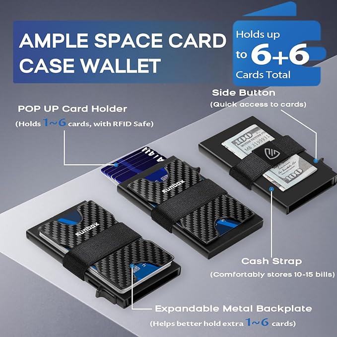 Mens Business Card Holder, Slim Card Wallet for Men and Women, Minimalist RFID Blocking Wallet with Pop-Up Function, Thin Design, Metal Cases Holds 6+6 Cards, Gifts for Men, Men's Accessories
